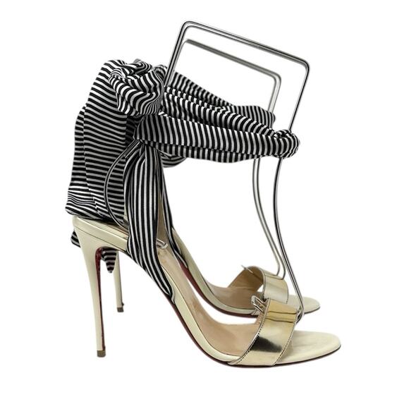 Christian Louboutin Du Desert 100mm Ankle Wrap Sandals Gold Striped Size 37.5 - Picture 1 of 9